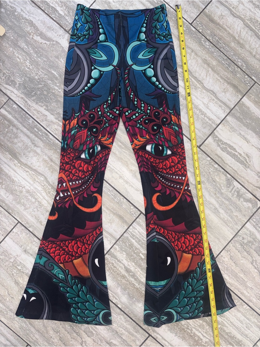 Women’s MEDIUM Vision Lab Red & Teal Dragon-Print Flared Festival Pants Leggings